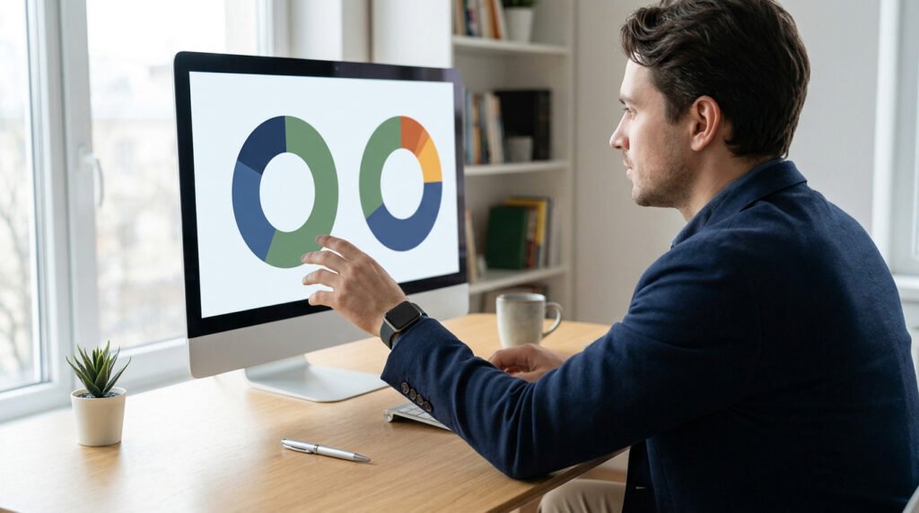 Homme en costume analysant des graphiques financiers en secteurs sur son ordinateur au bureau.