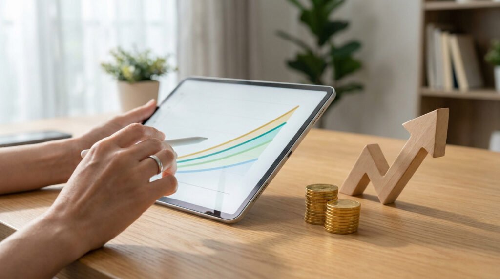 Une personne analyse des courbes de croissance financière sur une tablette numérique avec des pièces et une flèche en bois.