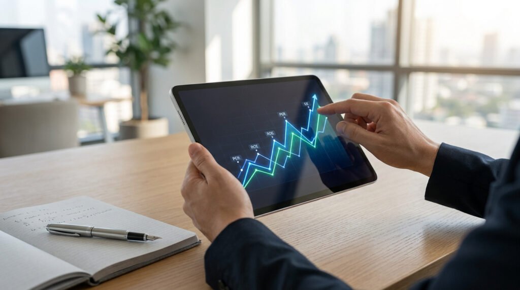 Une personne en costume analyse des graphiques financiers montrant des ratios comme le PER et le ROE sur une tablette.