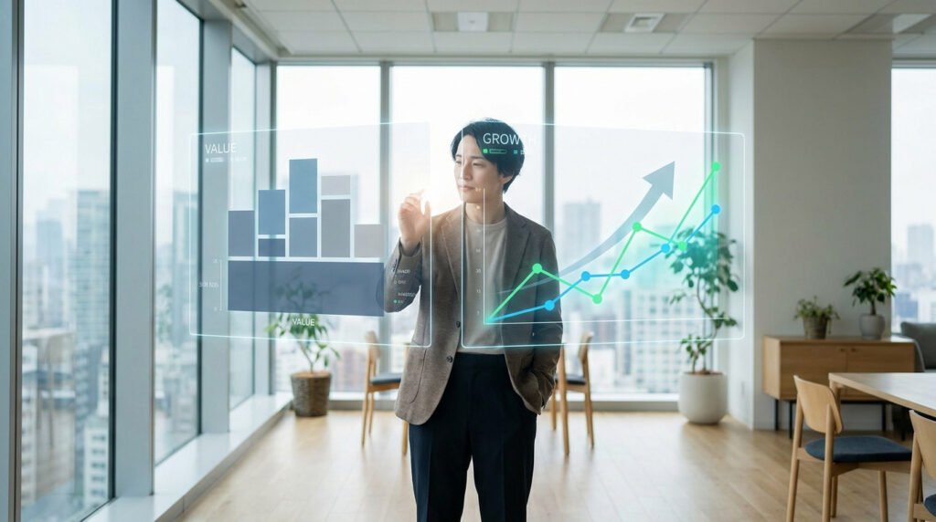 Un homme d'affaires analyse des graphiques numériques Value et Growth devant une grande baie vitrée avec une ville en fond.
