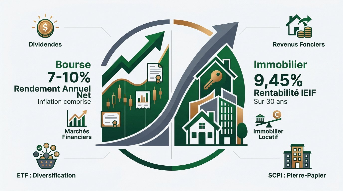Graphique comparatif des rendements historiques entre la bourse et l'immobilier sur 20 ans