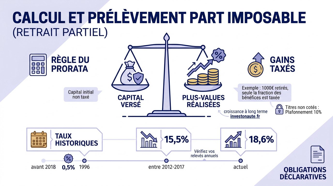 Schéma explicatif du calcul du prorata fiscal sur un retrait de PEA après 5 ans