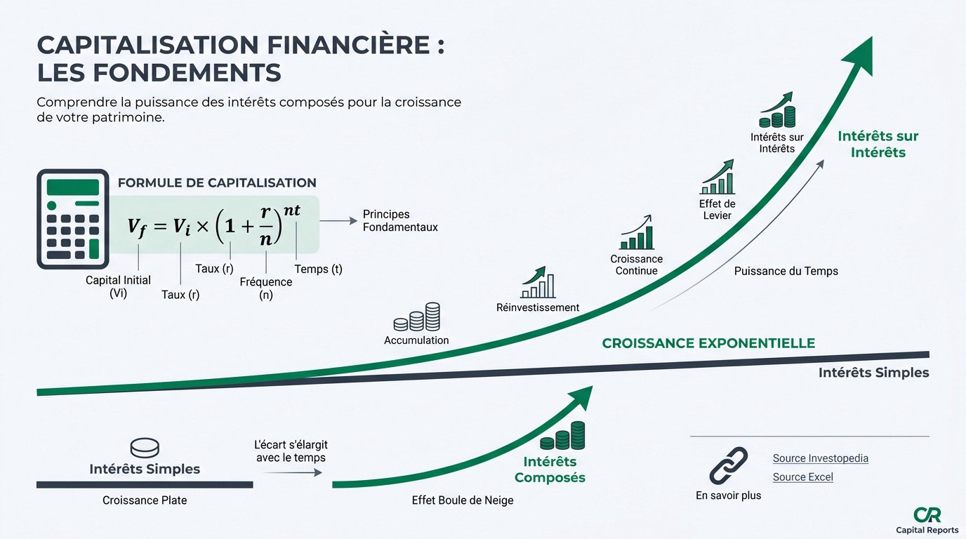 Graphique illustrant la croissance exponentielle du capital par les intérêts composés sur vingt ans