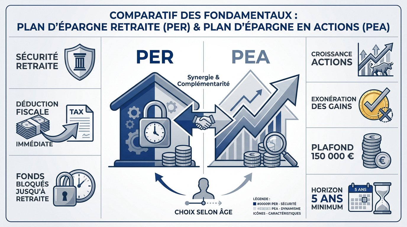 Tableau comparatif des caractéristiques fiscales et de disponibilité entre PER et PEA
