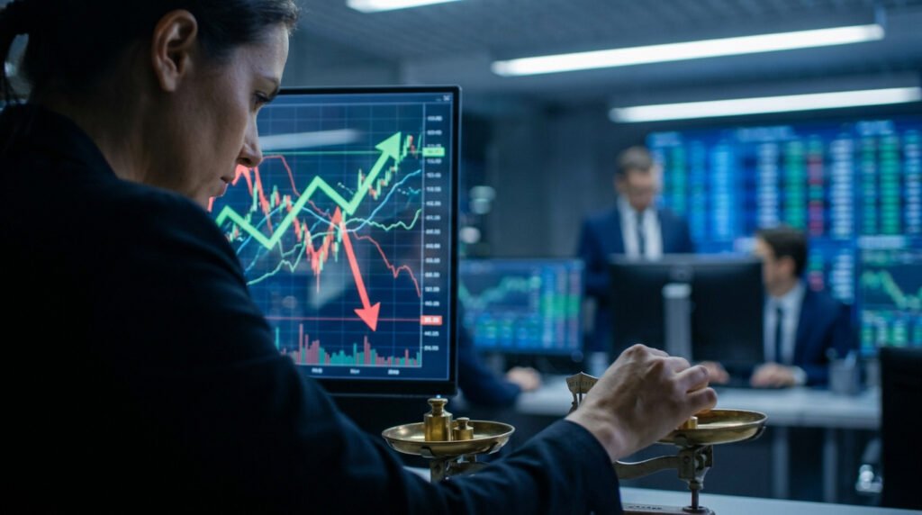 Une analyste financière utilisant une balance de précision devant un graphique boursier montrant des tendances haussières et baissières.