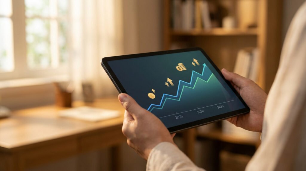 Une personne tient une tablette affichant un graphique de croissance financière avec des pièces et des flèches.