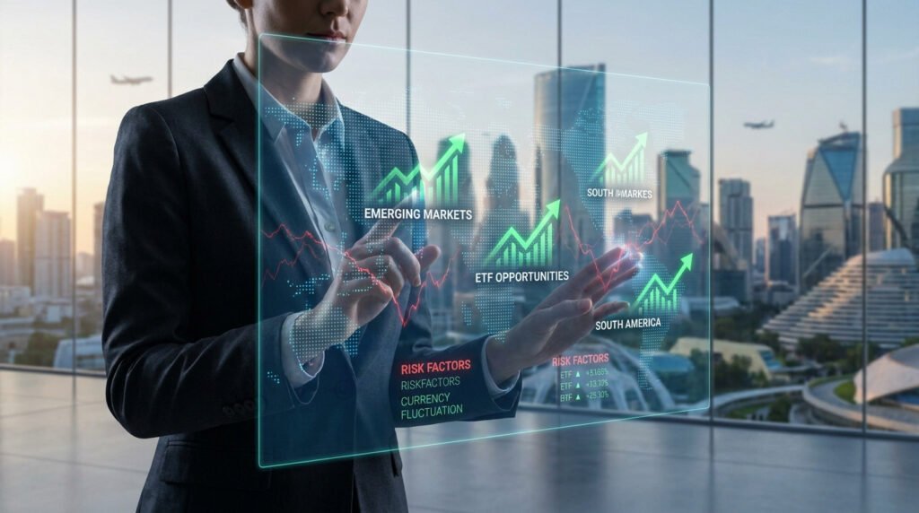 Une professionnelle utilisant une interface holographique affichant des données financières et une carte mondiale.