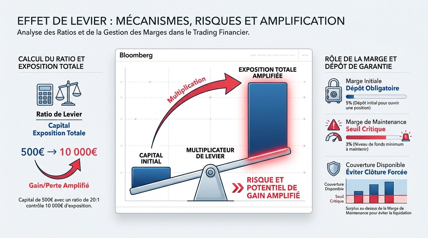 Graphique illustrant l'amplification des gains et des pertes par l'effet de levier en bourse