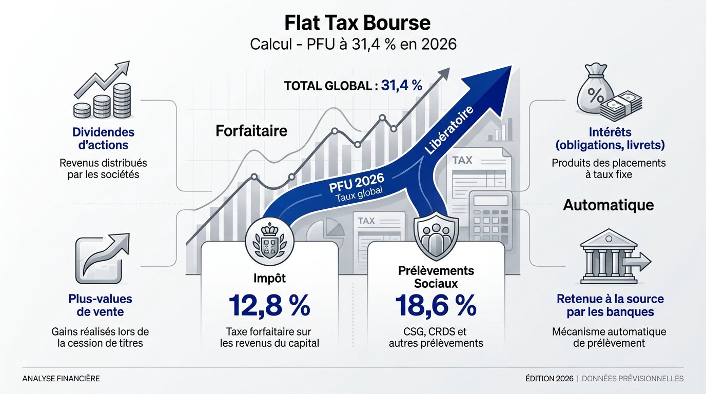 Graphique illustrant le calcul de la flat tax boursière à 31,4 % en 2026