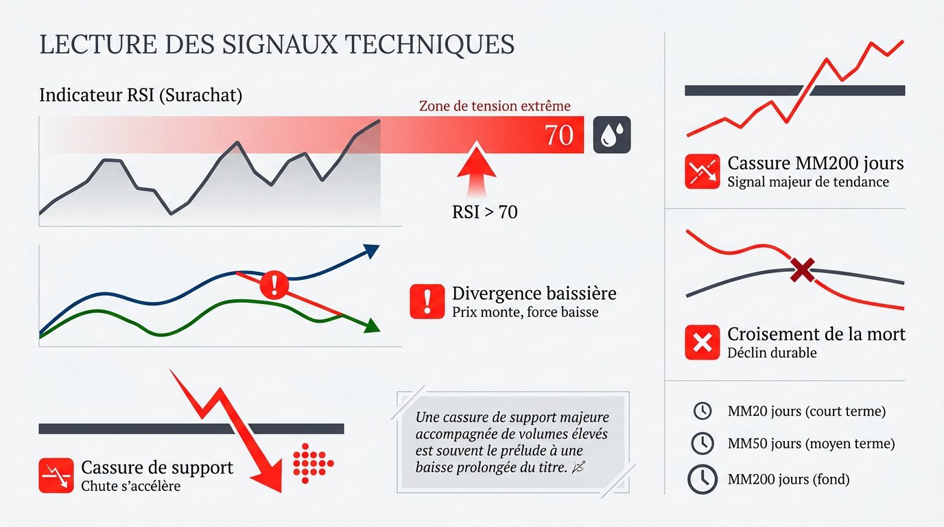 Graphique boursier illustrant les moyennes mobiles et les signaux de vente