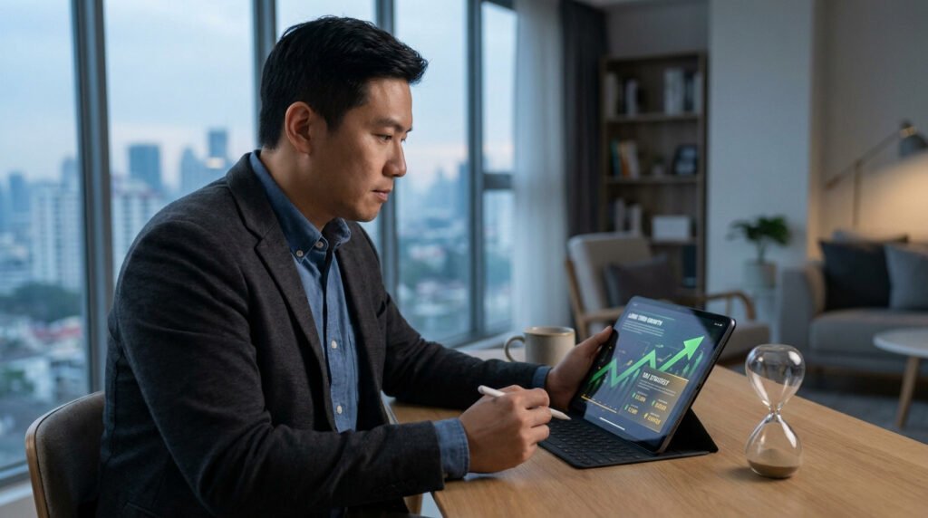 Un homme d'affaires consulte des graphiques de croissance financière sur sa tablette près d'une fenêtre urbaine.
