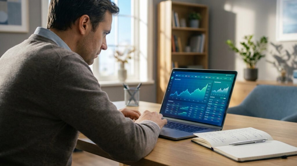 Un homme concentré consulte des graphiques financiers sur son ordinateur portable dans un bureau moderne.