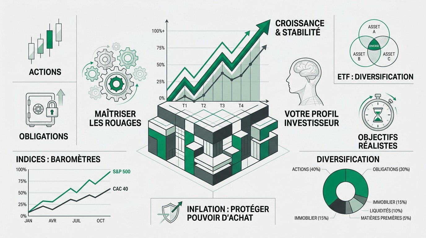 Infographie détaillant les fondations du marché financier et les types d'actifs
