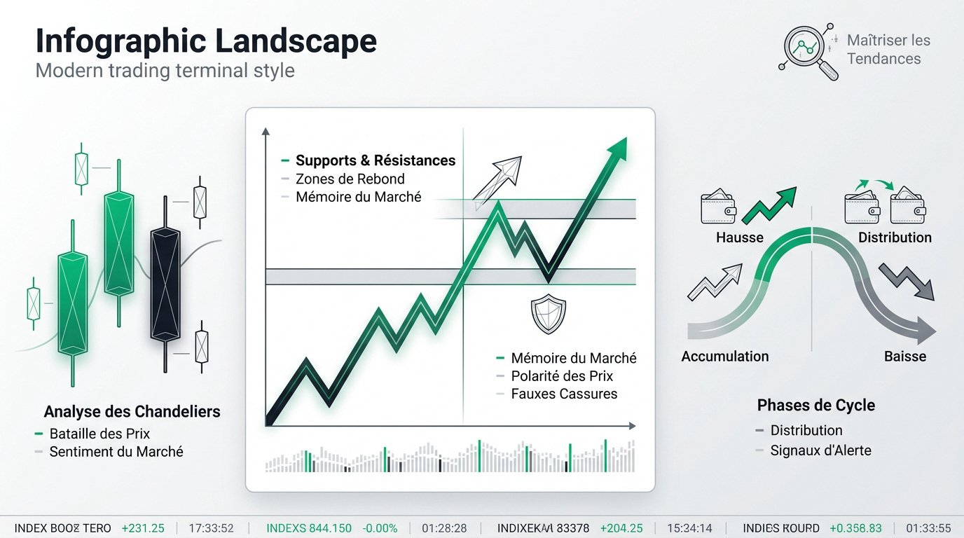 Infographie détaillant les structures de marché et l'analyse des tendances boursières