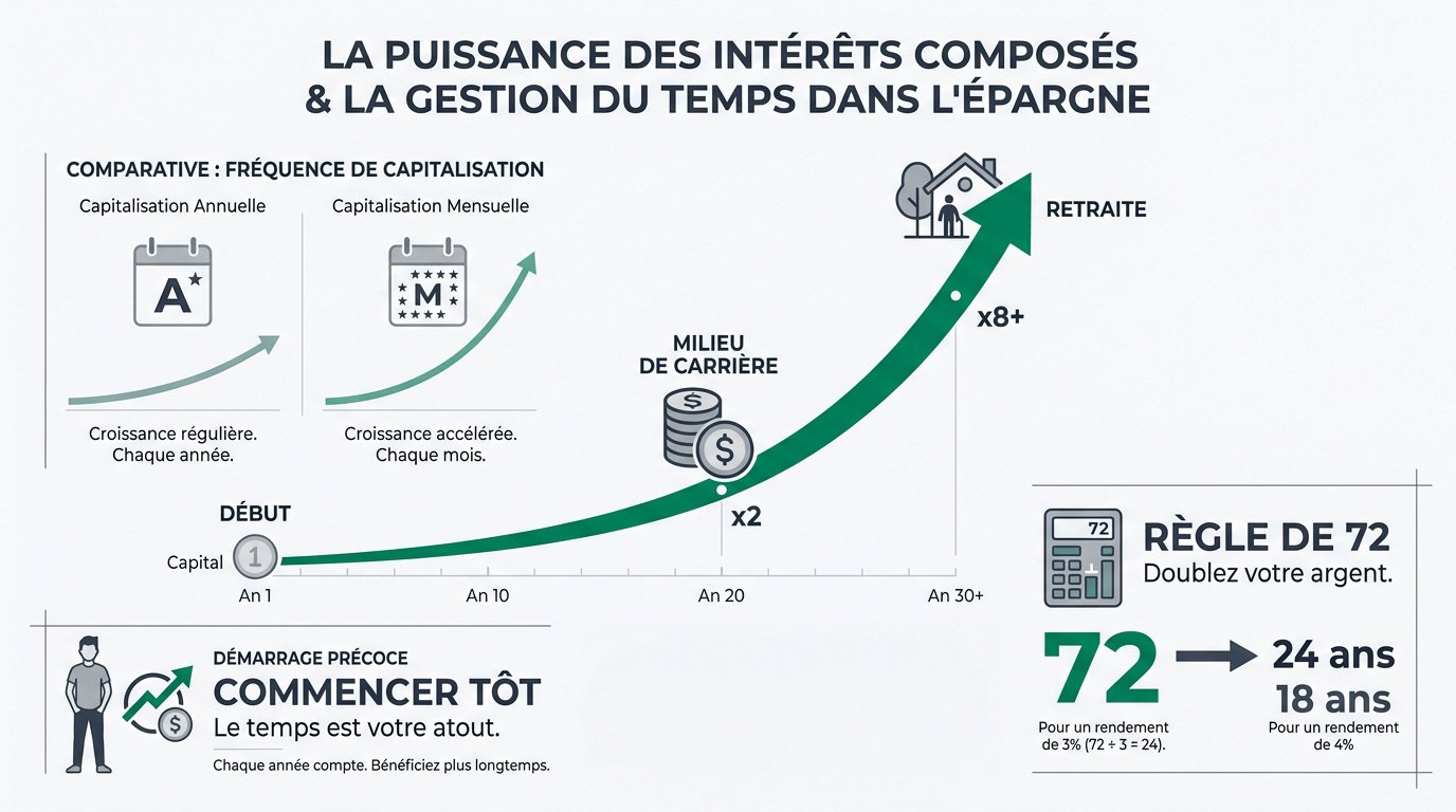 Graphique illustrant la croissance exponentielle des intérêts composés au fil du temps