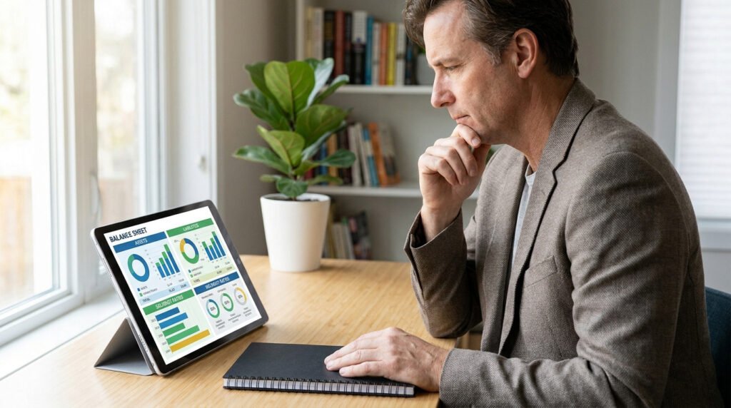 Un homme en veste analysant des graphiques financiers sur une tablette numérique posée sur un bureau en bois.