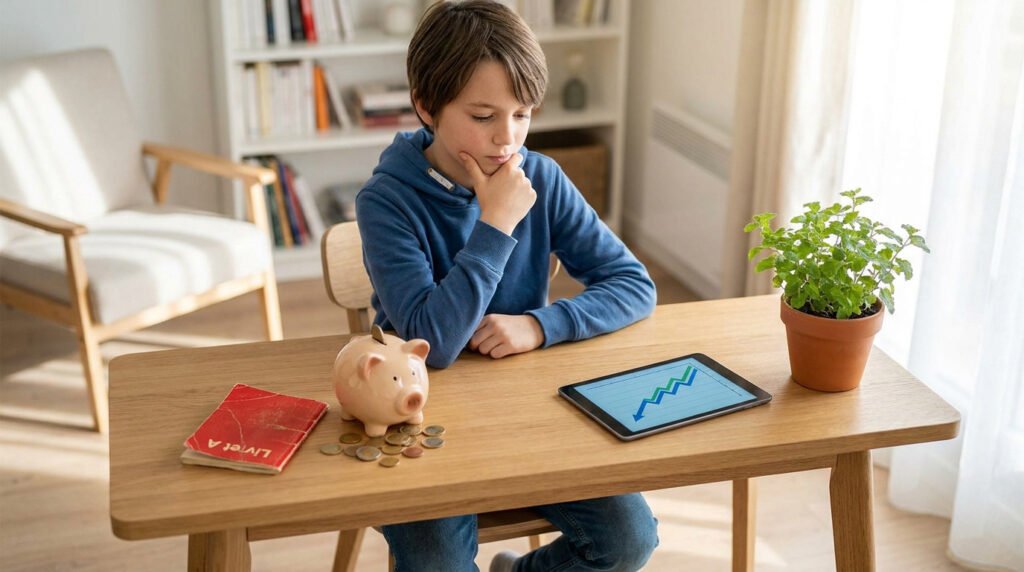 Un enfant réfléchissant devant une tablette montrant un graphique de croissance, une tirelire et un livret A.