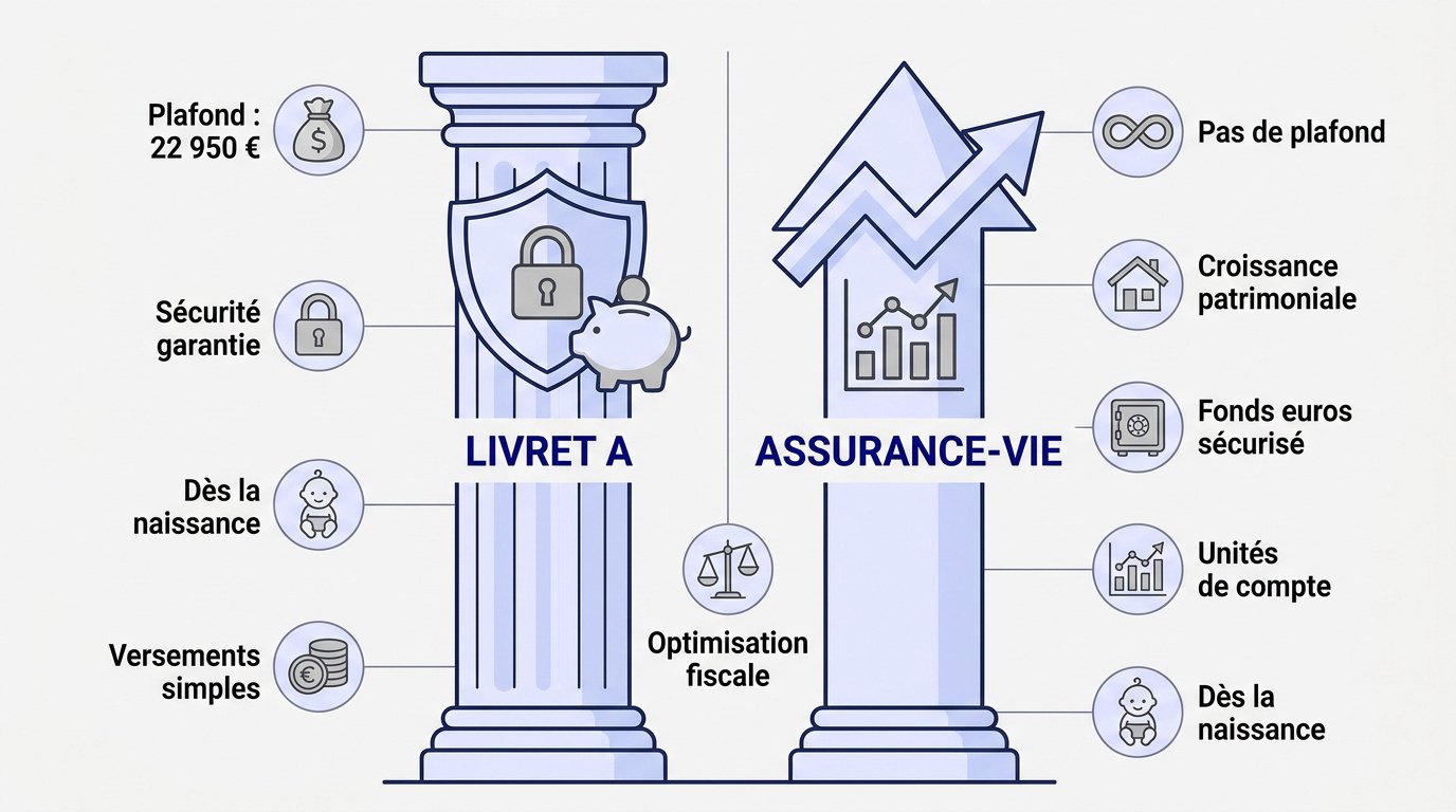 Comparaison graphique entre le Livret A et l'assurance-vie pour enfant