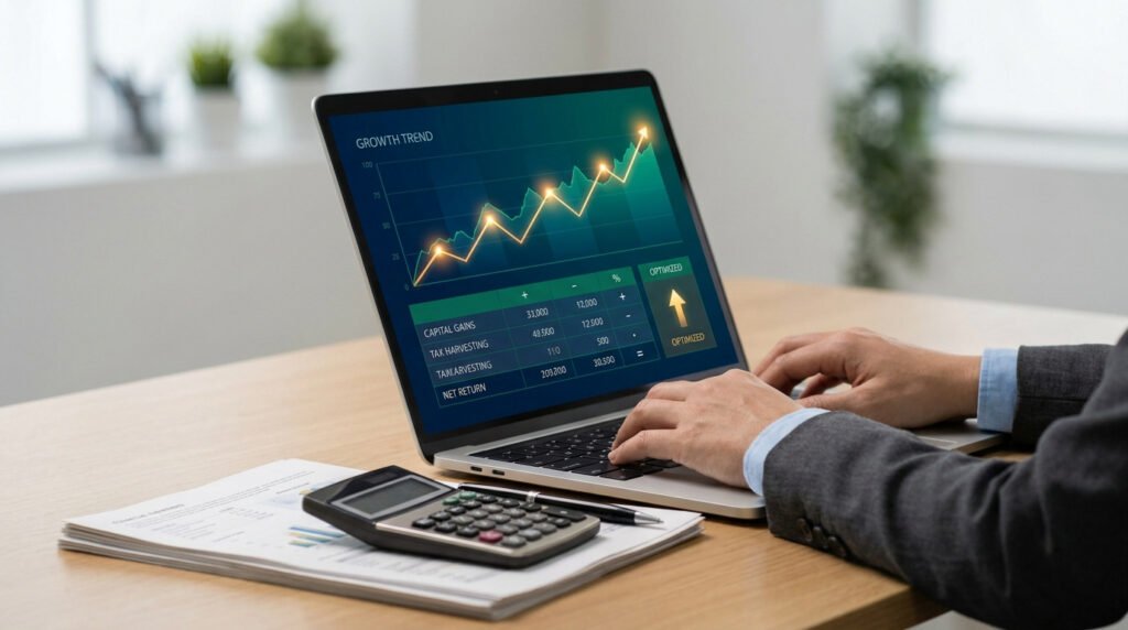 Personne travaillant sur un ordinateur affichant un graphique financier et un tableau de calcul fiscal optimisé.