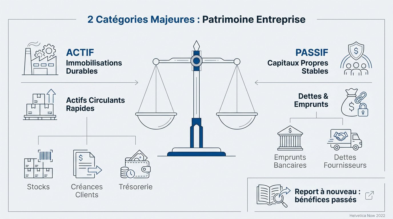 Schéma du patrimoine de l'entreprise distinguant l'actif et le passif