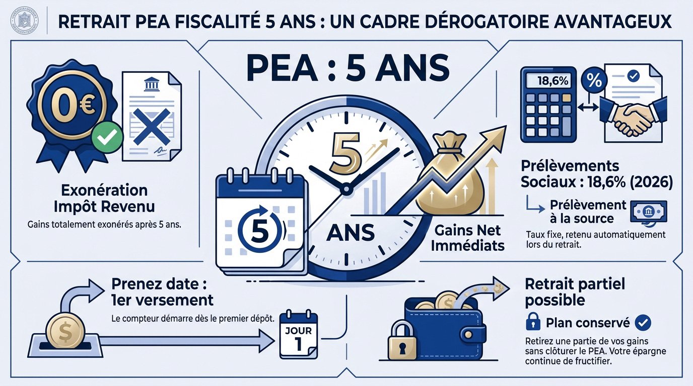 Illustration de la fiscalité avantageuse du PEA après 5 ans de détention