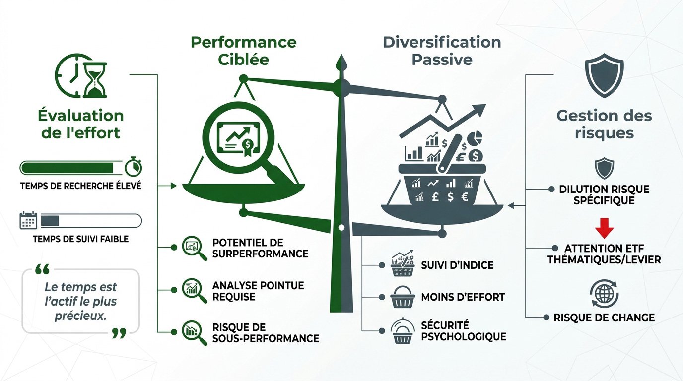 Comparaison graphique entre la performance d'actions ciblées et la diversification passive via ETF