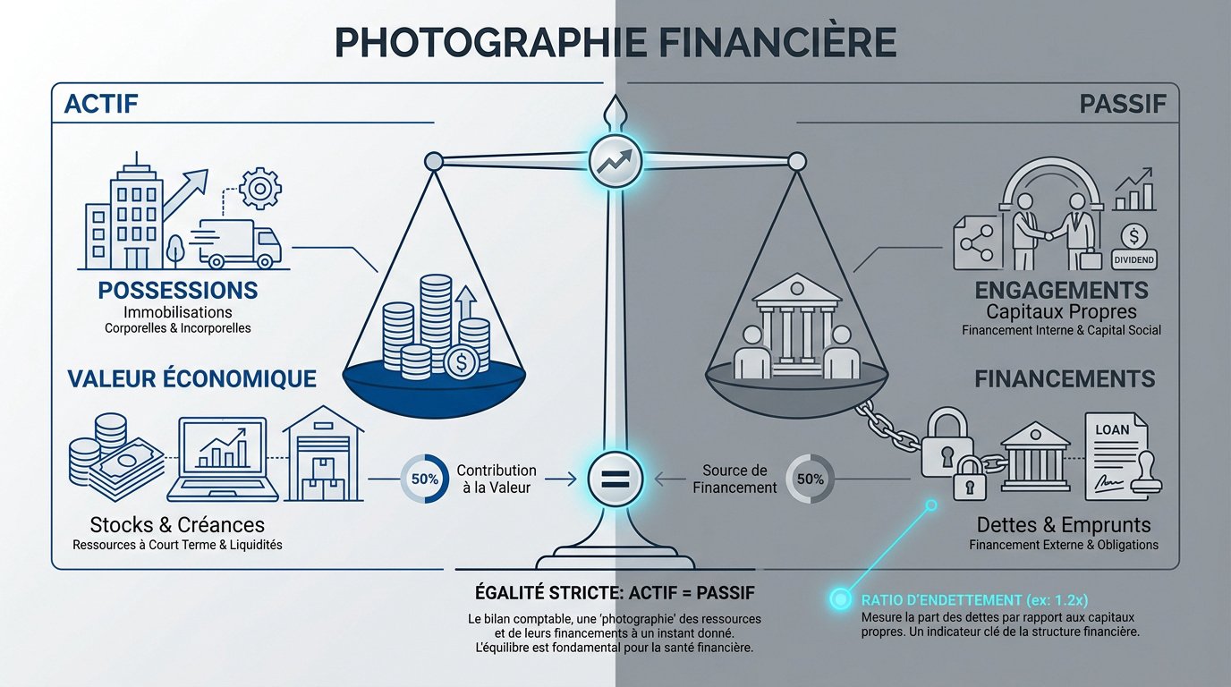 Schéma illustrant la structure de l'actif et du passif dans un bilan comptable