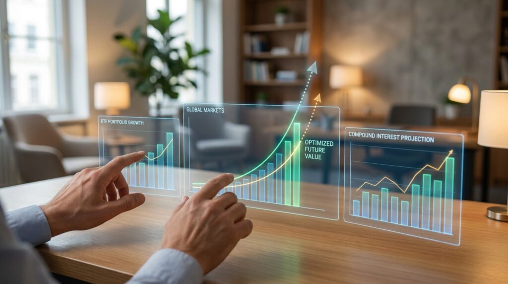 Mains manipulant des graphiques financiers holographiques montrant la croissance d'un portefeuille et les intérêts composés.