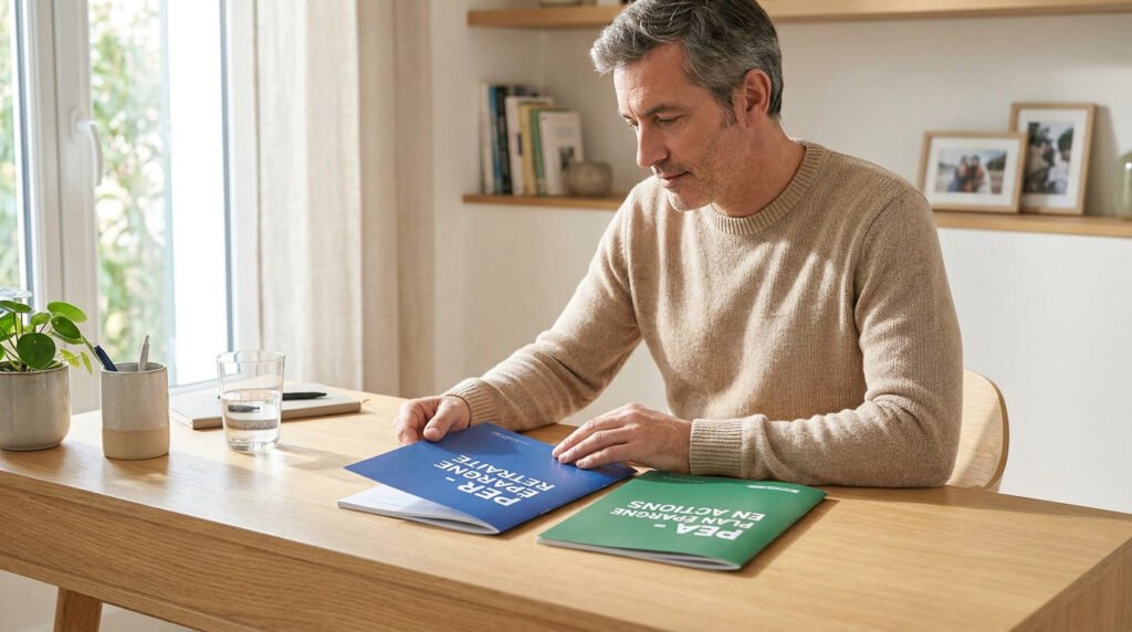 Un homme assis à son bureau examine des livrets informatifs sur le PER et le PEA pour préparer sa retraite.