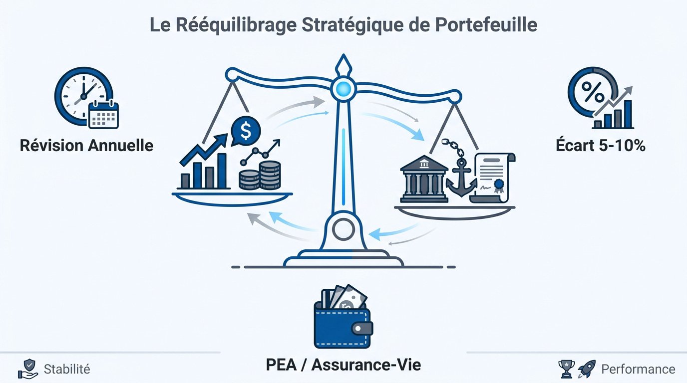 Schéma illustrant le rééquilibrage stratégique d'un portefeuille boursier entre actions et obligations