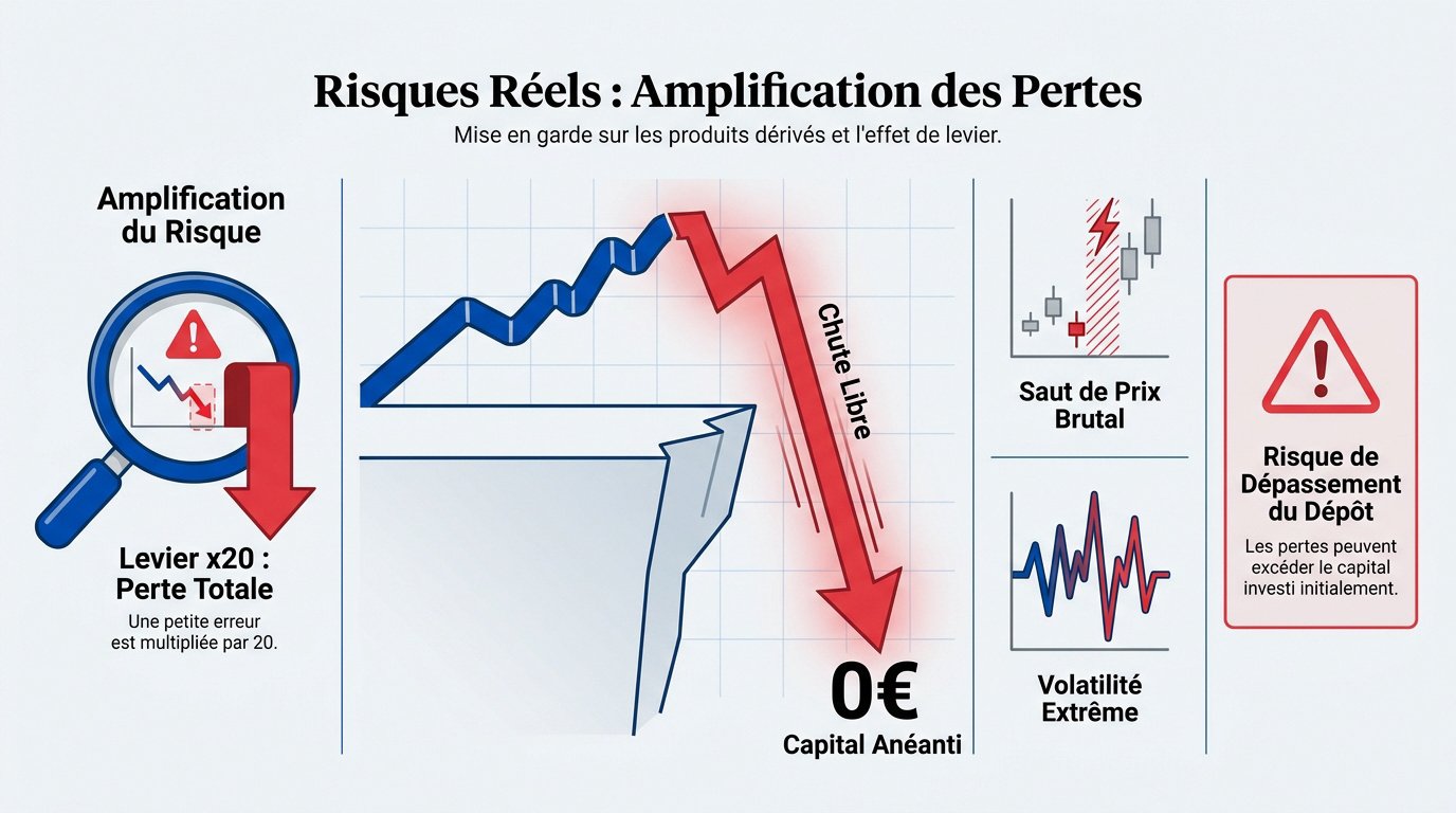 Graphique illustrant l'amplification des pertes financières avec l'effet de levier en bourse
