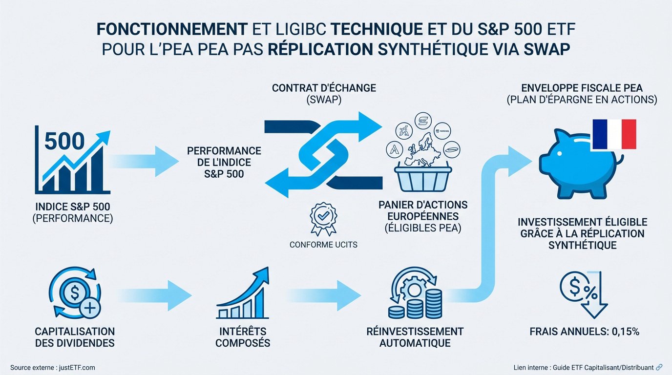 Schéma de la réplication synthétique par swap pour un ETF S&P 500 en PEA