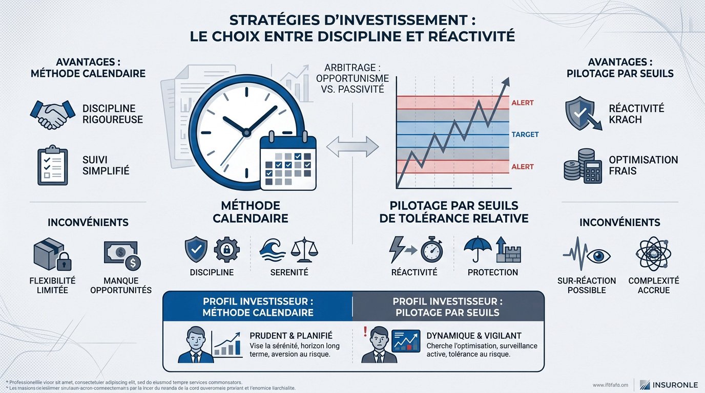 Graphique comparatif des stratégies de rééquilibrage boursier par calendrier et par seuils