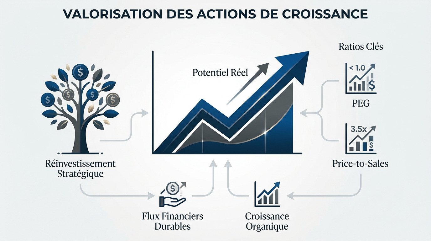 Graphique illustrant les indicateurs clés de valorisation des actions de croissance comme le P/E et le ratio PEG